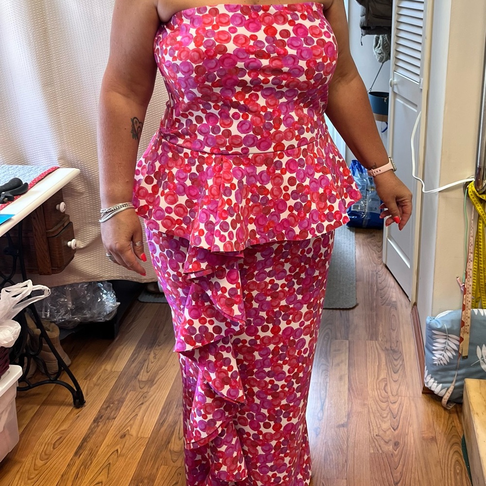 Chiara Boni Strapless Peplum Maxi in Pink Dot Print